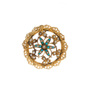 Antique 9CT Seed Pearl & Turquoise Floral Brooch