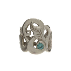 Custom Made 14K White Gold Twisted Leaf Ring w/ Teal Diamond
