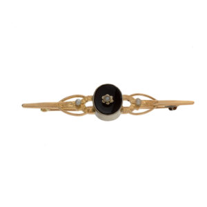 Vintage 14K Yellow & White Gold Onyx & Pearl Floral Brooch