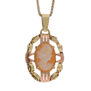 14K Yellow & Rose Gold Scroll Framed Oval Cameo Pendant