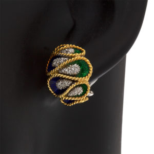 Pair of Custom Made 18K Yellow Gold Blue & Green Enamel Omega Earrings