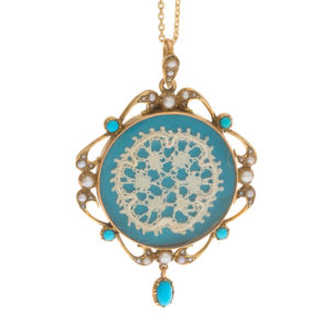 14K Yellow Gold Vintage Locket/Pendant w/ Turquoise & Seed Pearls