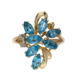 14K Yellow Gold 7 Marquise Blue Topaz & 2 Diamond Cluster Ring
