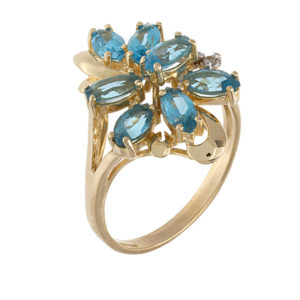 14K Yellow Gold 7 Marquise Blue Topaz & 2 Diamond Cluster Ring
