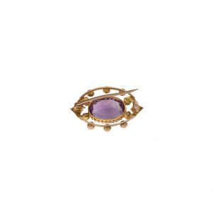 Antique 14K Yellow Gold Oval Amethyst & 6 Seed Pearl Brooch 