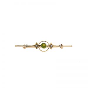 Antique 14K Yellow Gold Brooch w/ Green Stone & 4 Seed Pearls