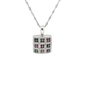 18K White Gold Necklace & Diamond, Multi Coloured Created Sapphire Locket Pendant