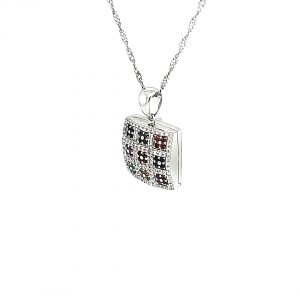 18K White Gold Necklace & Diamond, Multi Coloured Created Sapphire Locket Pendant