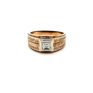 10K Yellow & White Gold .10CT Diamond Solitaire Textured Signet Style Ring