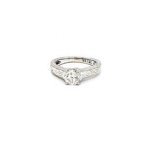 14K White Gold .85CT Diamond Solitaire Floral Engraved Engagement Ring