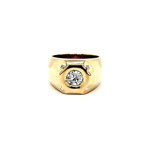 14K Yellow Gold 1.24CT Round Brilliant Cut Diamond Signet Style Ring