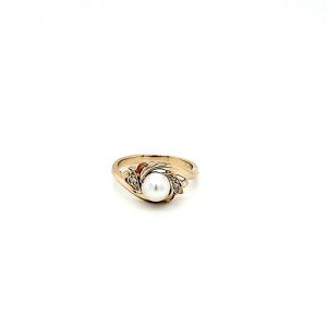 14K Yellow Gold 6mm Cultured Pearl & 2 Diamond Accent Ring