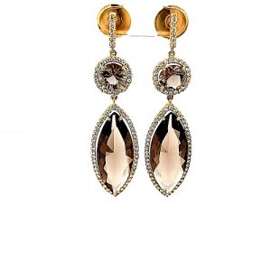 Pair of 18K Yellow Gold Marquise Cut Smokey Quartz & Diamond Dangle Stud Earrings