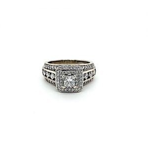 14K White Gold .32CT Princess Cut Diamond Centre/Double Halo & 6 Princess Cut Diamond Engagement Ring