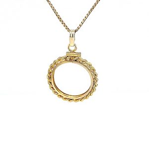 14K Yellow Gold Rope Link Pattern Coin Bezel Pendant