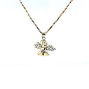 10K Yellow & White Gold Angel Pendant w/ 5 Ruby Cross On Front