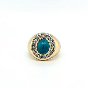 14K Yellow Gold 2.02CT Cabochon Turquoise Centre & 17 RBC Diamond Halo Signet Ring