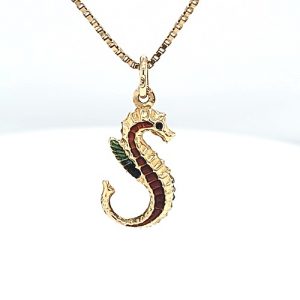 18K Yellow Gold Multi-Color Enamel Seahorse Pendant