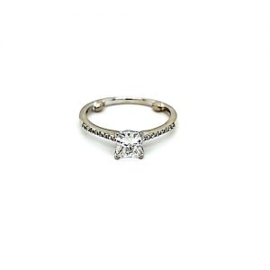 14K White Gold .71CT Princess Cut Centre Diamond & 16 Shoulder Diamond Engagement Ring