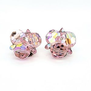 Vintage Brilliant Rhinestone Aurora Borealis & Pink Cluster Button Stud Earrings