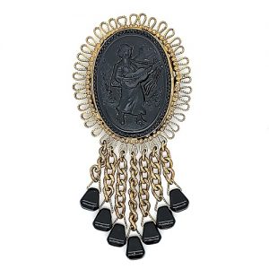 Vintage Cameo Brooch w/ Wire Work Chains & Black Stones