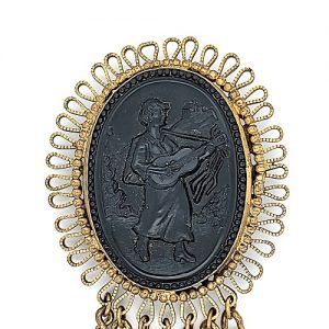 Vintage Cameo Brooch w/ Wire Work Chains & Black Stones