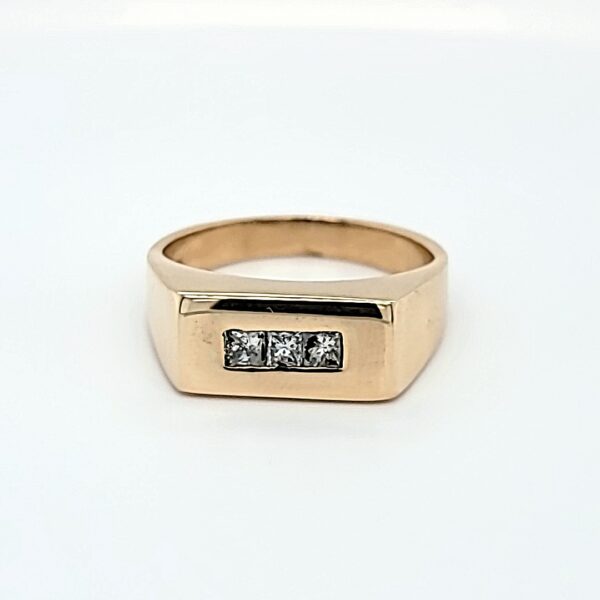 14K Yellow Gold 3 Square Diamond Signet Style Ring
