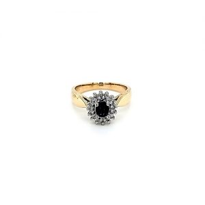 10K Yellow Gold Oval Blue Sapphire & 16 Diamond Cluster Ring