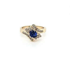 14K Yellow Gold 5.5mm Oval Blue Sapphire & 18 RBC Diamond Ring