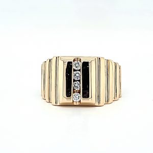 14K Yellow Gold 4 Channel Set RBC Diamond Stepped Style Signet Ring