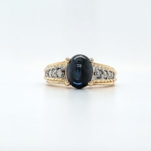 14K Yellow Gold 8x7mm Cabochon Blue Sapphire 8 Diamond Ring