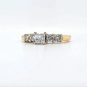 14K Yellow Gold .35CT Princess Cut Centre & 4 RBC Diamond Engagement Ring