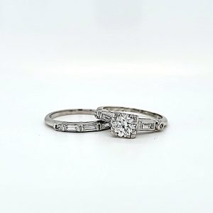 Platinum Old European Cut Diamond Engagement Ring & Baguette Cut Diamond Band Wedding Set