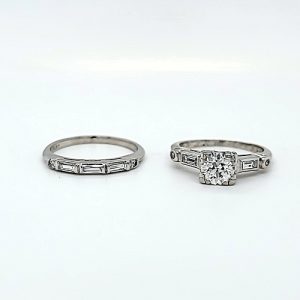 Platinum Old European Cut Diamond Engagement Ring & Baguette Cut Diamond Band Wedding Set