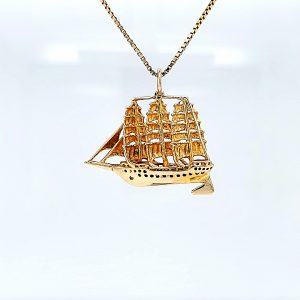 9K Yellow Gold 32mm 3D Three Masted Ship Pendant