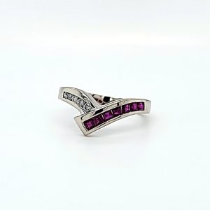 10K White Gold 7 Square Ruby & 5 RBC Diamond Chevron Style Ring