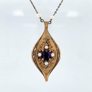 Vintage 10K Yellow Gold 1.1CT Amethyst/Pearl Pendant & 9K Yellow Gold Pearl 15″ Chain