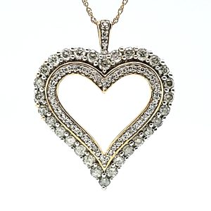 10K Yellow Gold Diamond Double Row Open Heart Pendant On 18″ Rope Chain