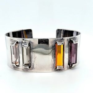 Sterling Silver Open Cuff Bangle w/ 4 Emerald Cut Coloured Stones