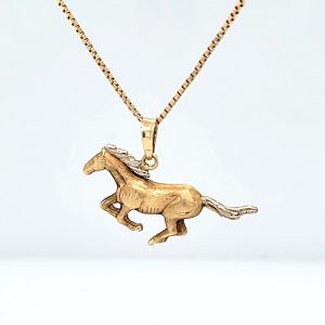 14K Yellow Gold 35mm 3 Dimensional Galloping Horse Pendant
