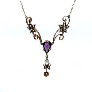 Antique 14K Yellow Gold 15.5″ Amethyst & Seed Pearl Necklace