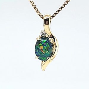 14K Yellow Gold Oval Opal Triplet 1 Diamond Accent Pendant
