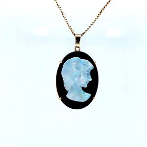 14K Yellow Gold 30mm Opal Cameo on Oval Onyx Pendant