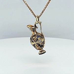14K Yellow Gold 24.5mm Ornate Enamel Water Jug Pendant