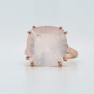 10K Rose Gold 14x14mm Cushion Cut Rose Quartz Solitaire Ring