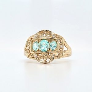 14K Yellow Gold 3 Oval Aquamarine & 6 Diamond Accent Floral Engraved Ring