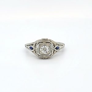 Vintage 18K White Gold .30CT OEC Diamond, 2 Marquise Cut Blue Sapphire Floral Filigree Ring