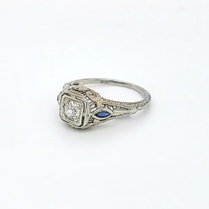 Vintage 18K White Gold .30CT OEC Diamond, 2 Marquise Cut Blue Sapphire Floral Filigree Ring