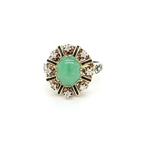 14K Yellow Gold Ring w/ Oval Jade, 8 Diamonds & Enamel Accents