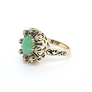 14K Yellow Gold Ring w/ Oval Jade, 8 Diamonds & Enamel Accents